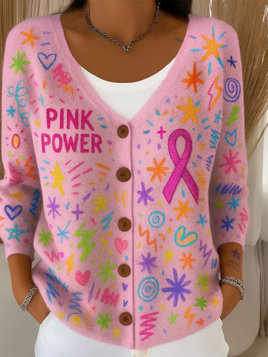 Women's Pink Ribbon Print Casual Cardigan