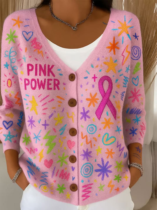 Women's Pink Ribbon Print Casual Cardigan