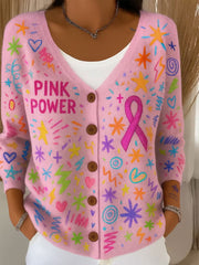 Women's Pink Ribbon Print Casual Cardigan