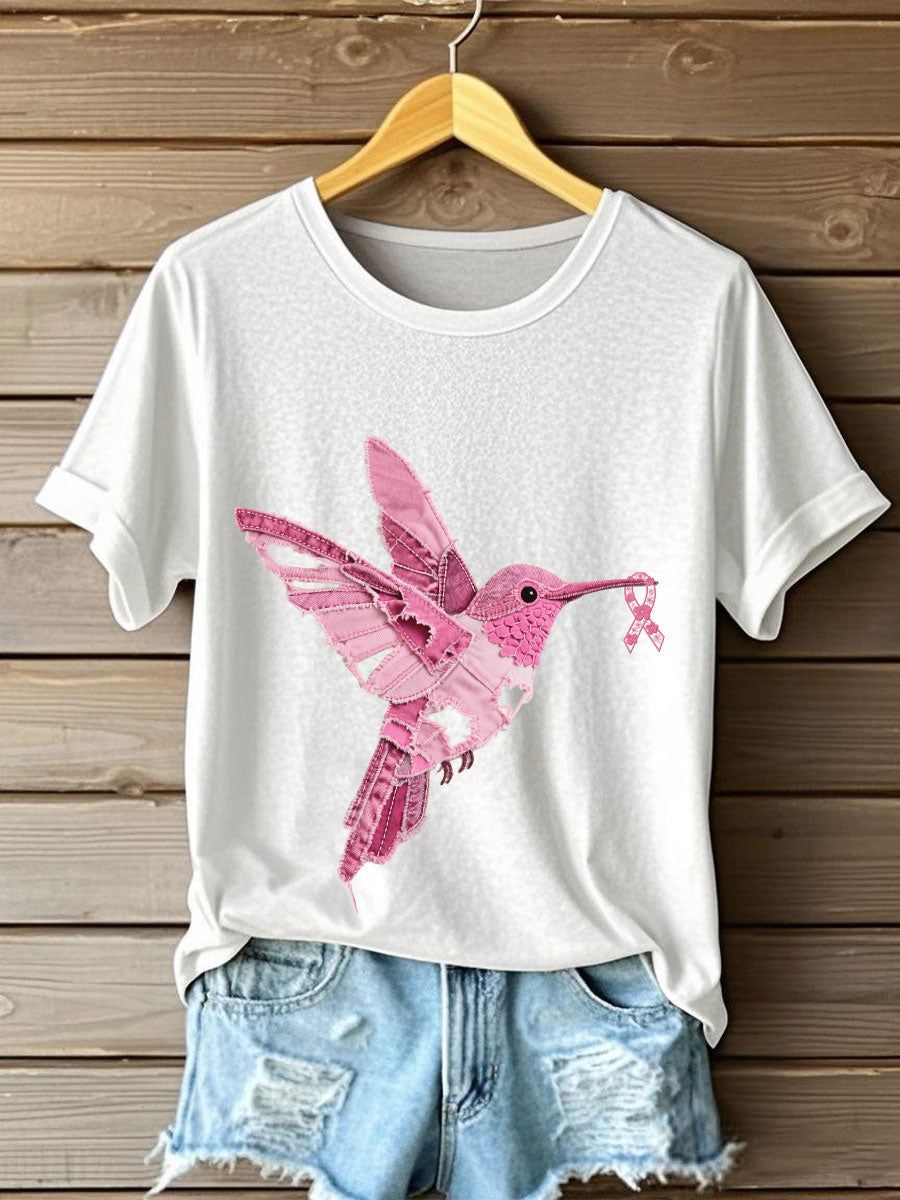 Women's Breast Cancer Awareness Denim Hummingbird Print T-Shirt