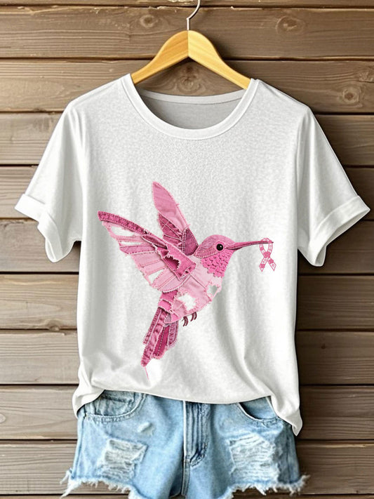 Women's Breast Cancer Awareness Denim Hummingbird Print T-Shirt