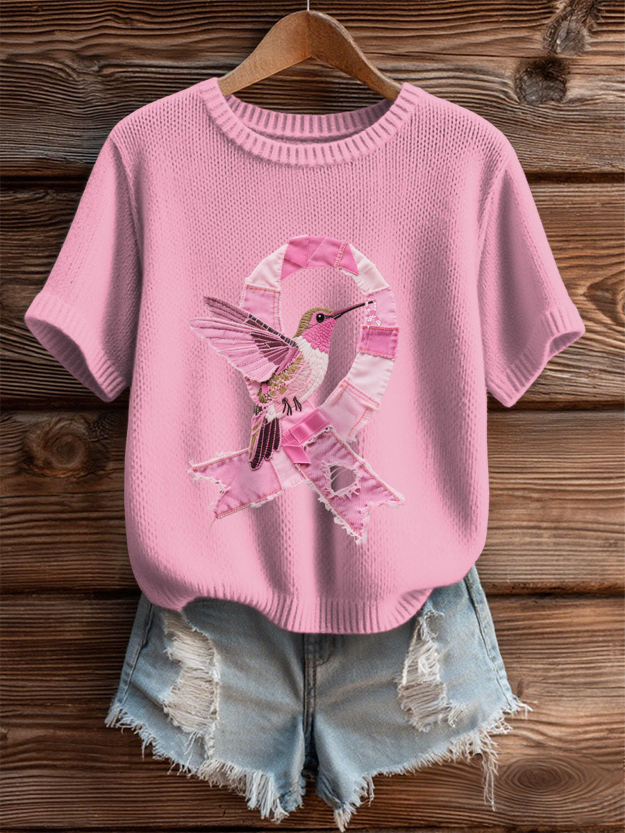 Women's Breast Cancer Awareness Denim Hummingbird Print T-Shirt