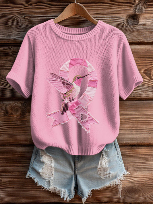 Women's Breast Cancer Awareness Denim Hummingbird Print T-Shirt