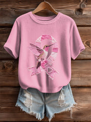 Women's Breast Cancer Awareness Denim Hummingbird Print T-Shirt