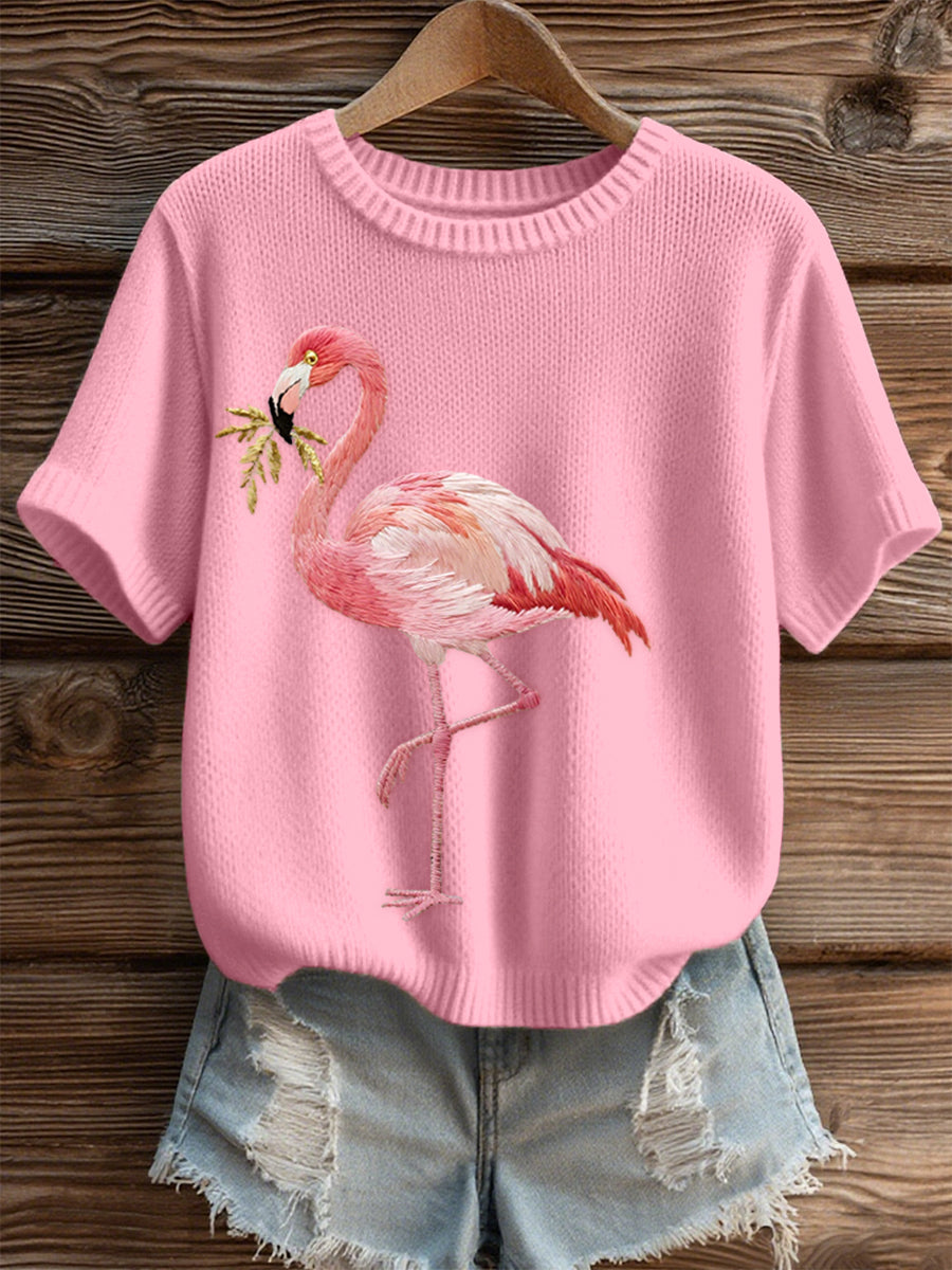 Women's Pink Flamingo Embroidered Cozy Knit Top