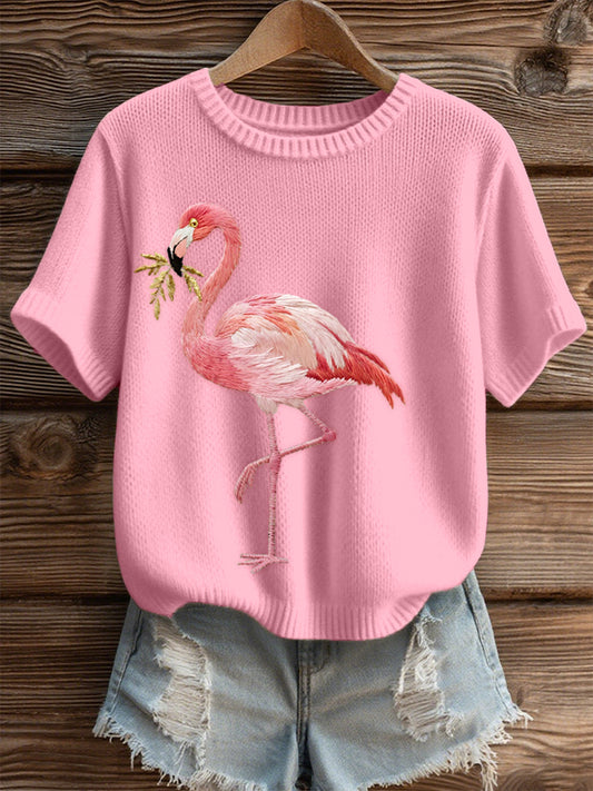 Women's Pink Flamingo Embroidered Cozy Knit Top