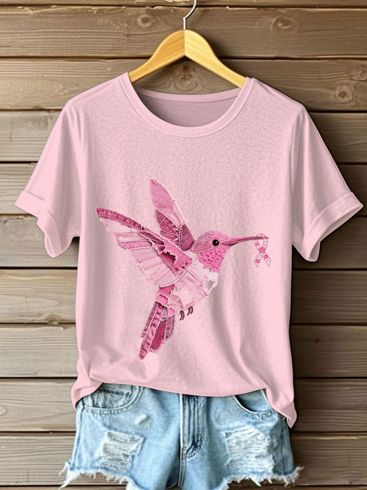 Women's Breast Cancer Awareness Denim Hummingbird Print T-Shirt