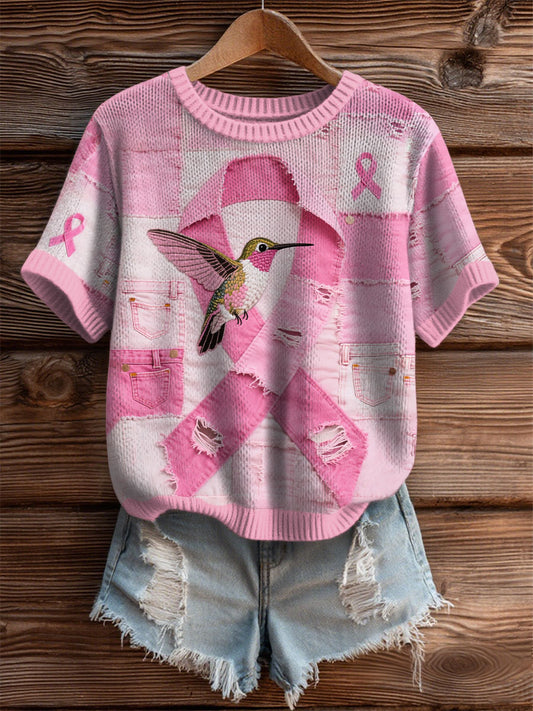 Women's Breast Cancer Awareness Denim Hummingbird Print T-Shirt