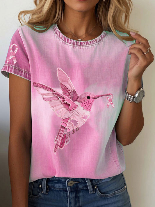 Women's Breast Cancer Awareness Denim Hummingbird Print T-Shirt