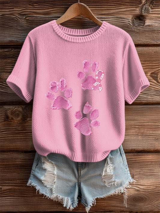 Women's Breast Cancer Awareness Denim Dog Paw Print T-Shirt