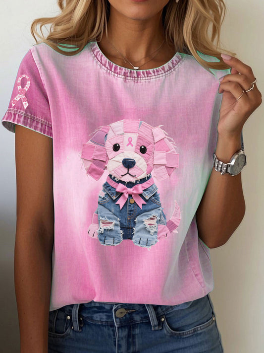 Women's Breast Cancer Awareness Denim Puppy Print T-Shirt
