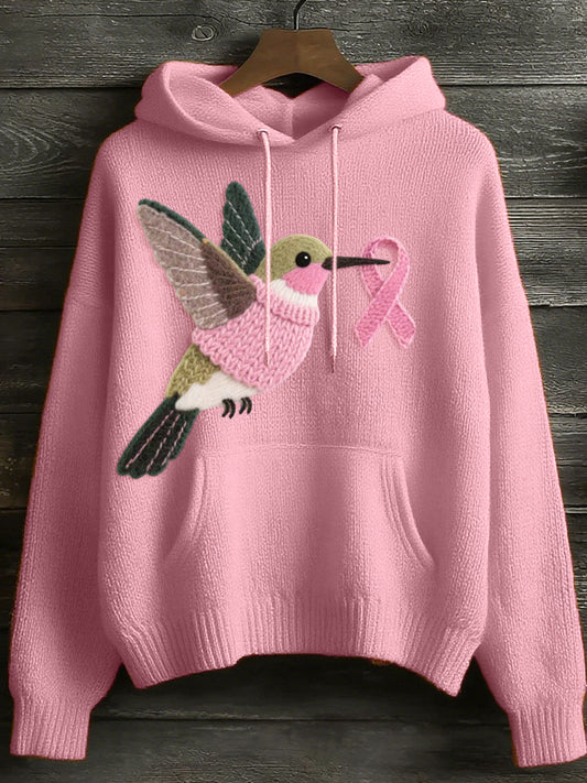 Women's Felt Art Hummingbird Pattern Cozy Knit Hoodie