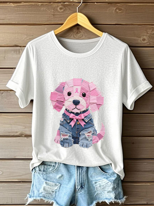 Women's Breast Cancer Awareness Denim Puppy Print T-Shirt