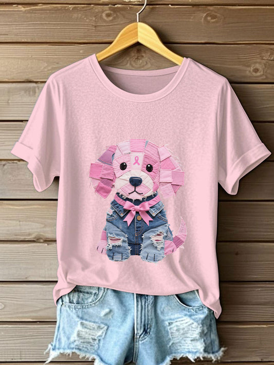 Women's Breast Cancer Awareness Denim Puppy Print T-Shirt