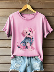 Women's Breast Cancer Awareness Denim Puppy Print T-Shirt