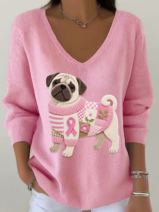 Women's Felt Art Pug Pattern Cozy Knit V-Neck Top