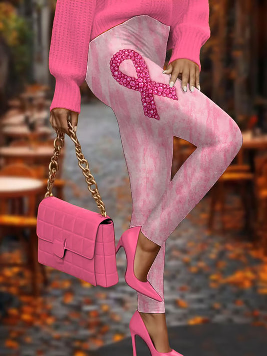 Women's Breast Cancer Awareness Pink Ribbon Print Casual Leggings