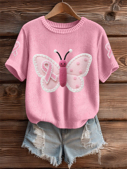 Women's Pink Butterfly Pink Ribbon Breast Cancer Awareness Support Tee
