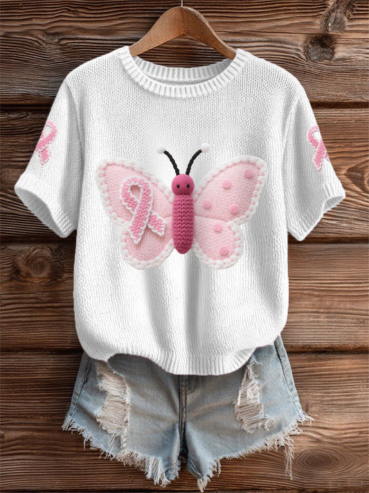 Women's Pink Butterfly Pink Ribbon Breast Cancer Awareness Support Tee