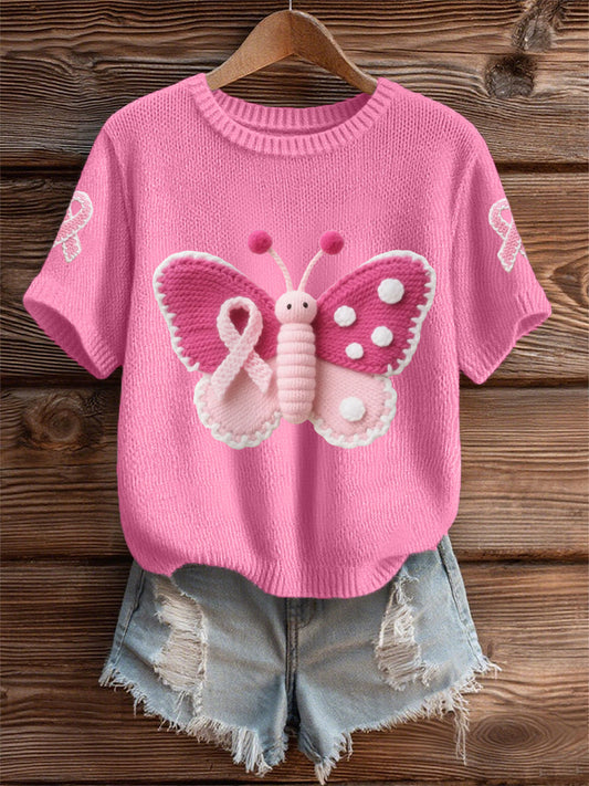 Women's Pink Butterfly Pink Ribbon Breast Cancer Awareness Support Tee