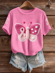 Women's Pink Butterfly Pink Ribbon Breast Cancer Awareness Support Tee