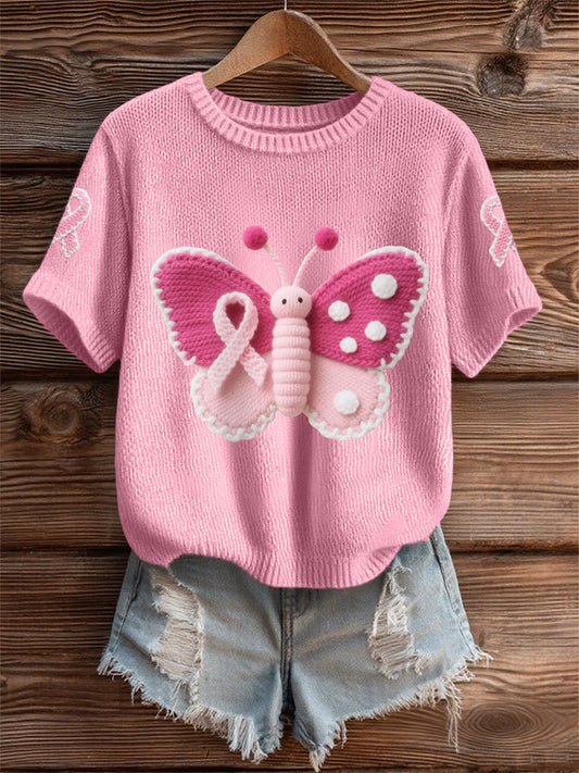 Women's Pink Butterfly Pink Ribbon Breast Cancer Awareness Support Tee