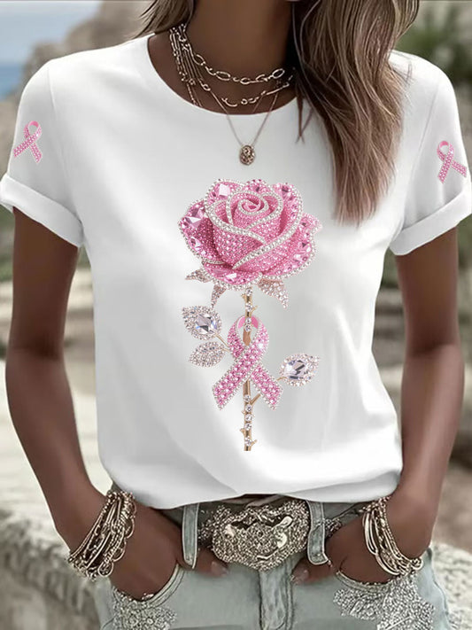 Women's Pink Floral Print Casual T-shirt