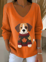 Women's Autumn Dog Art Print V-Neck Ribbed Top