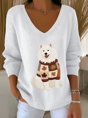 Women's Autumn Dog Art Print V-Neck Ribbed Top