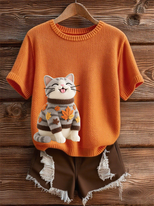 Women's Autumn Cat Art Print O-Neck Short Sleeve T-shirt