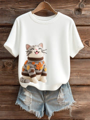 Women's Autumn Cat Art Print O-Neck Short Sleeve T-shirt