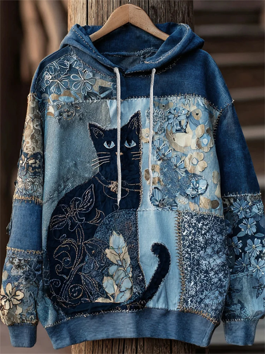 Women's Artistic Cat Print Casual Pocket Hoodie