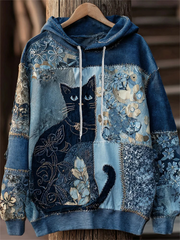 Women's Artistic Cat Print Casual Pocket Hoodie