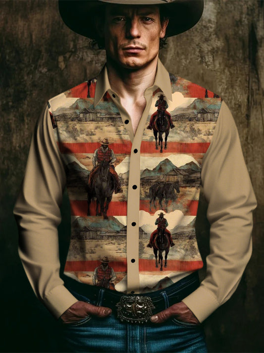 Men's Western Style Print Long Sleeves Shirt
