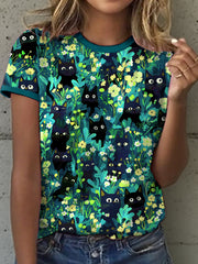 Women's Black Cat Art Print T-Shirt