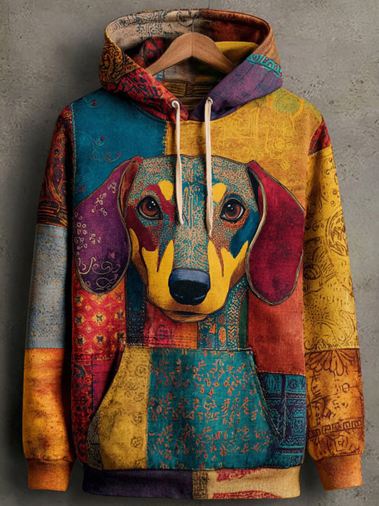 Vintage Patchwork Dog Print Art Casual Hoodie