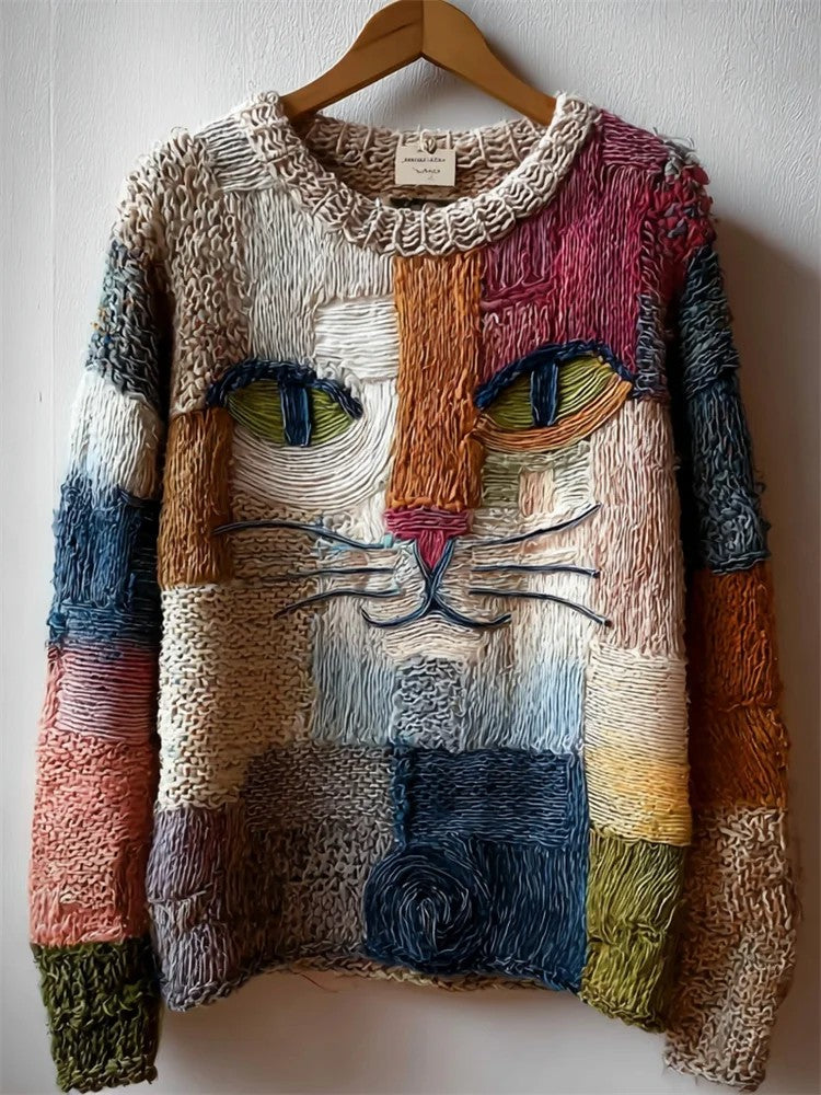 Women's Vintage Cat Art Print Art Casual Knitted Sweater gracestitchs