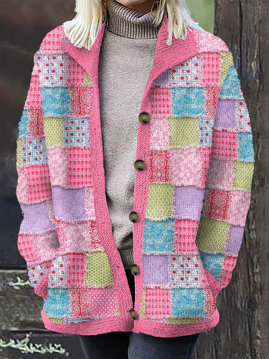 Women's Breast Cancer Pink Patchwork Print Cardigan