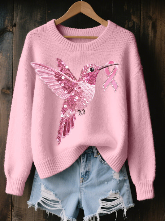 Women's Pink Hummingbird Embroidered Cozy Knit Sweater