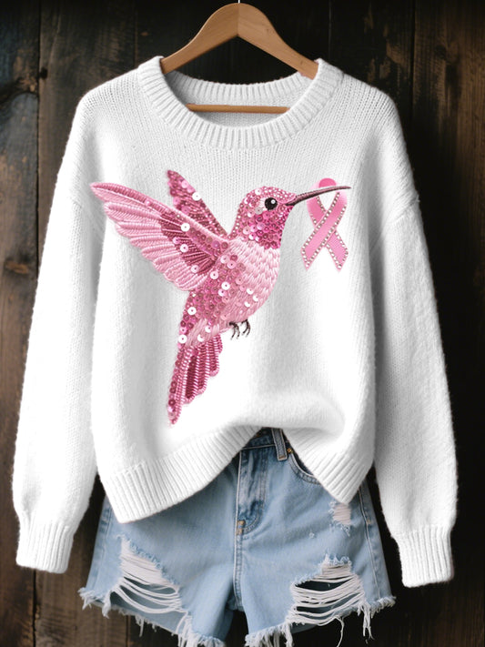 Women's Pink Hummingbird Embroidered Cozy Knit Sweater