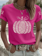 Women's Breast Cancer Awareness Pink Pumpkin Print Casual T-Shirt