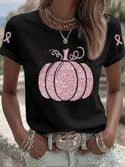 Women's Breast Cancer Awareness Pink Pumpkin Print Casual T-Shirt