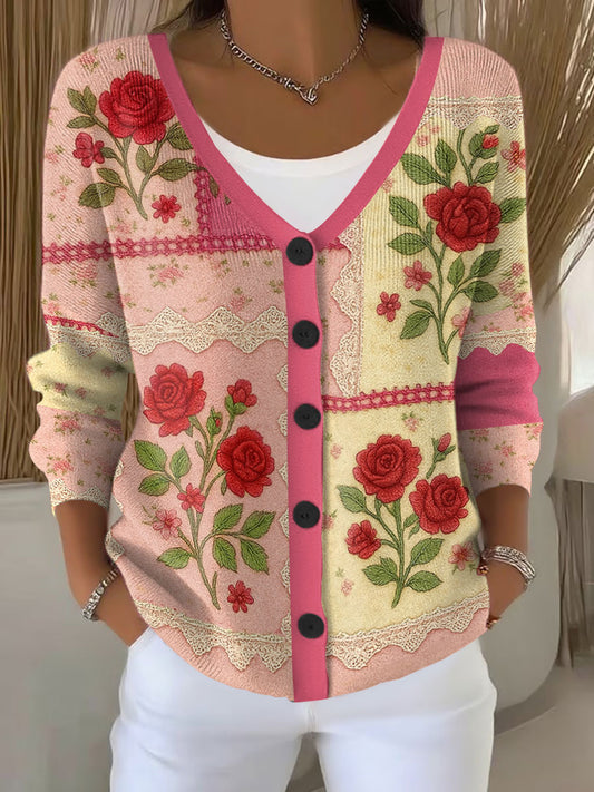 Women's Breast Cancer Pink Floral Print Cardigan