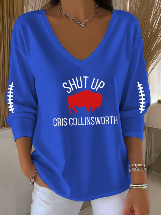 Women's Go Buffalo Football Fans Lovers Gameday Casual V-Neck Long Sleeve T-Shirt