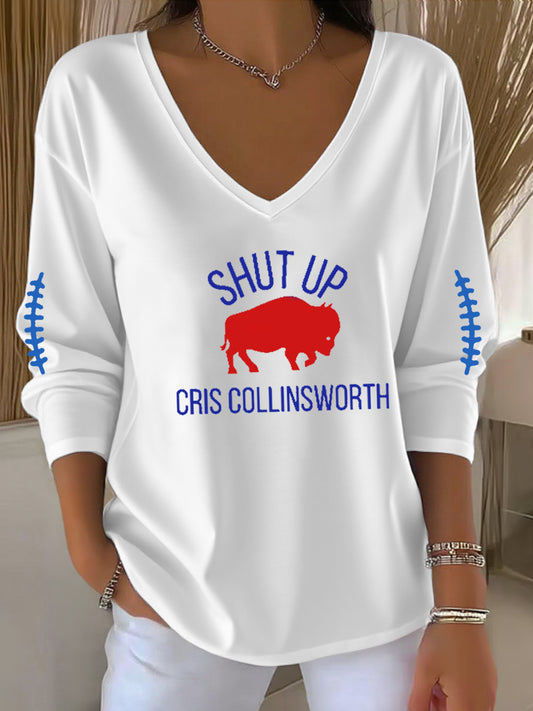 Women's Go Buffalo Football Fans Lovers Gameday Casual V-Neck Long Sleeve T-Shirt
