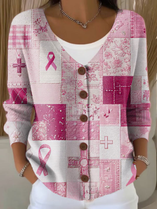 Women's Breast Cancer Awareness Pink Ribbon Print Casual Cardigan