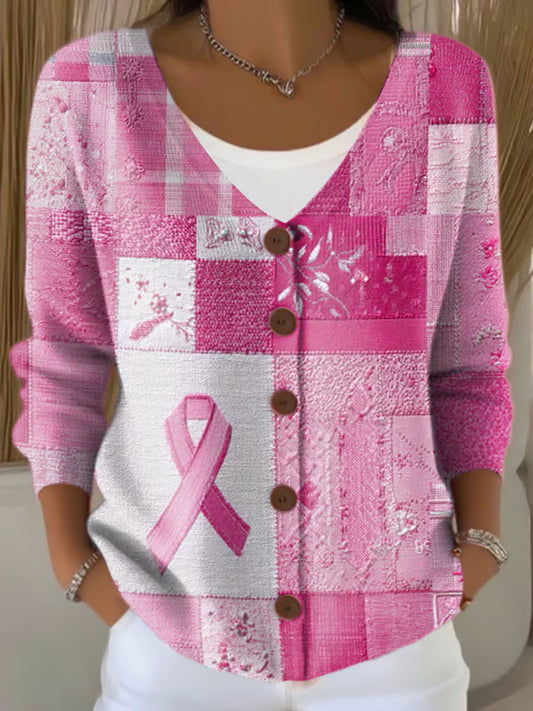 Women's Breast Cancer Awareness Pink Ribbon Print Casual Cardigan