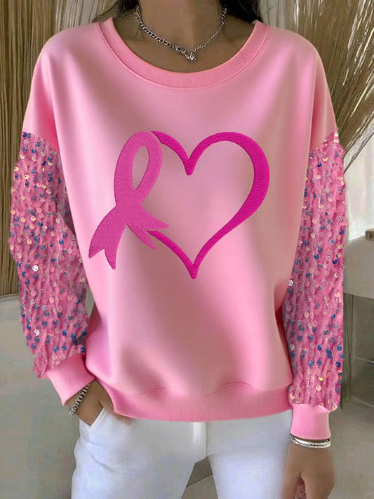 Women's Pink Ribbon Print Casual Sweatshirt