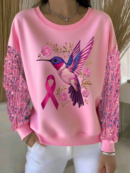 Women's Pink Hummingbird Print Casual Sweatshirt