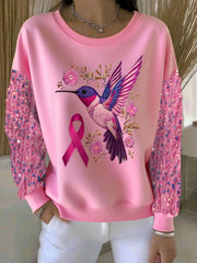 Women's Pink Hummingbird Print Casual Sweatshirt